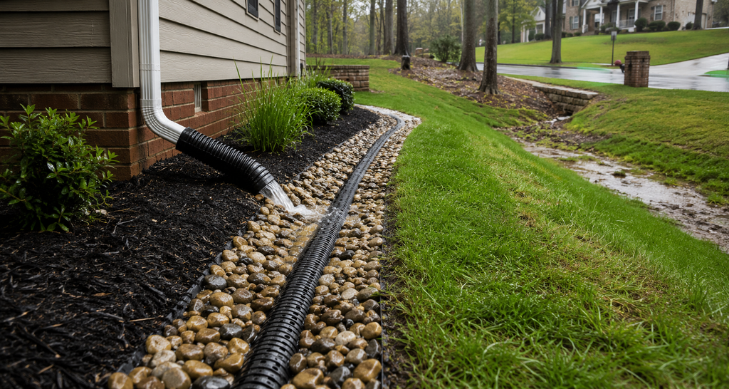 Yard drainage installation at a Rock Hill SC home
