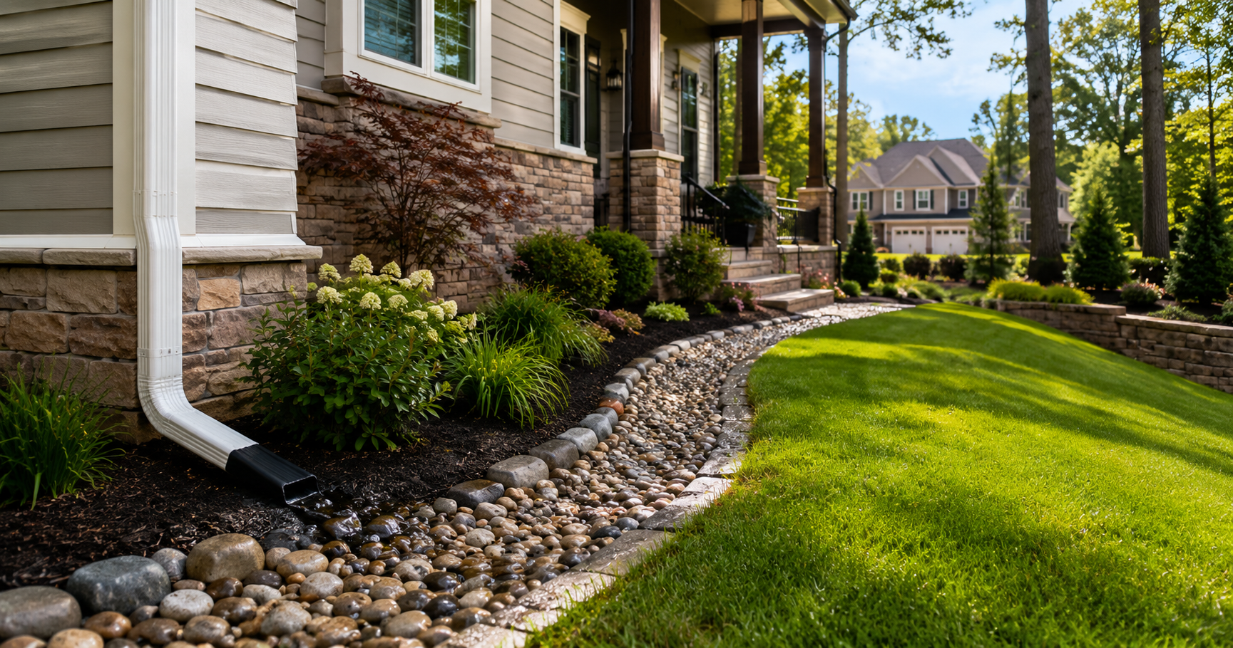 Landscaped yard drainage system in Rock Hill SC