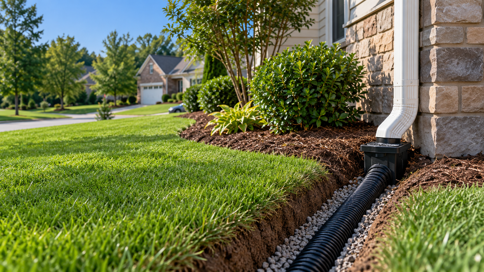 Underground downspout drainage installation in Rock Hill SC