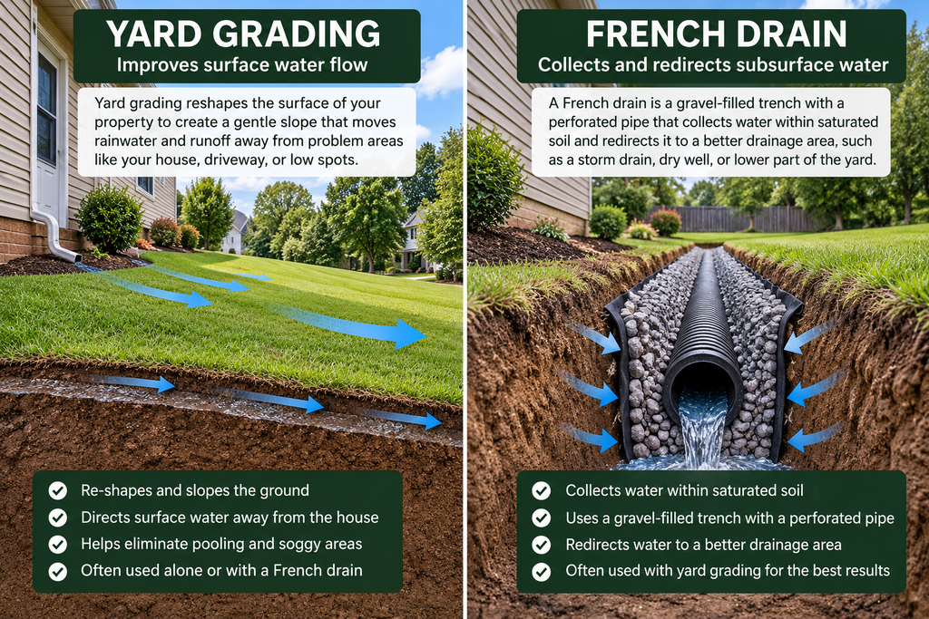 French drain vs grading comparison for yard drainage