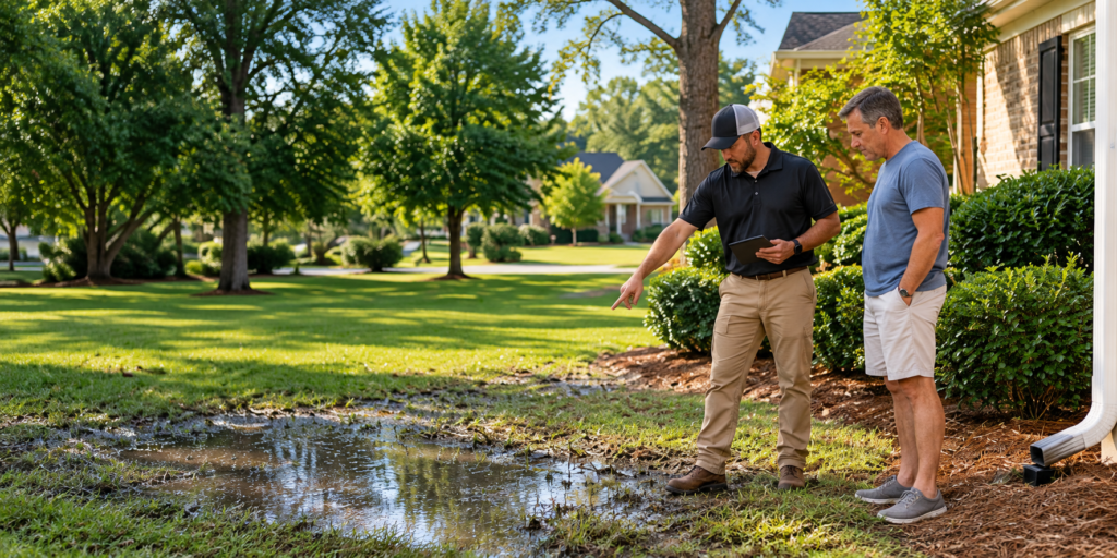 Yard drainage professional inspecting standing water at a Rock Hill, SC home